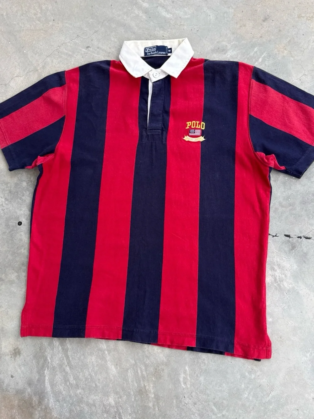 Vintage Polo Ralph Lauren Red Navy Stripe Short Sleeve Rugby Shirt Mens